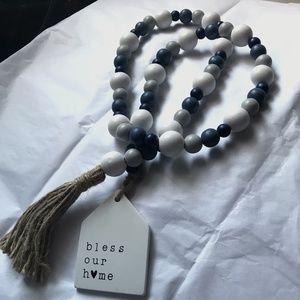 Blue, Gray, White Wood Bead Tasseled Garland Bless Our Home preppy boho cozy